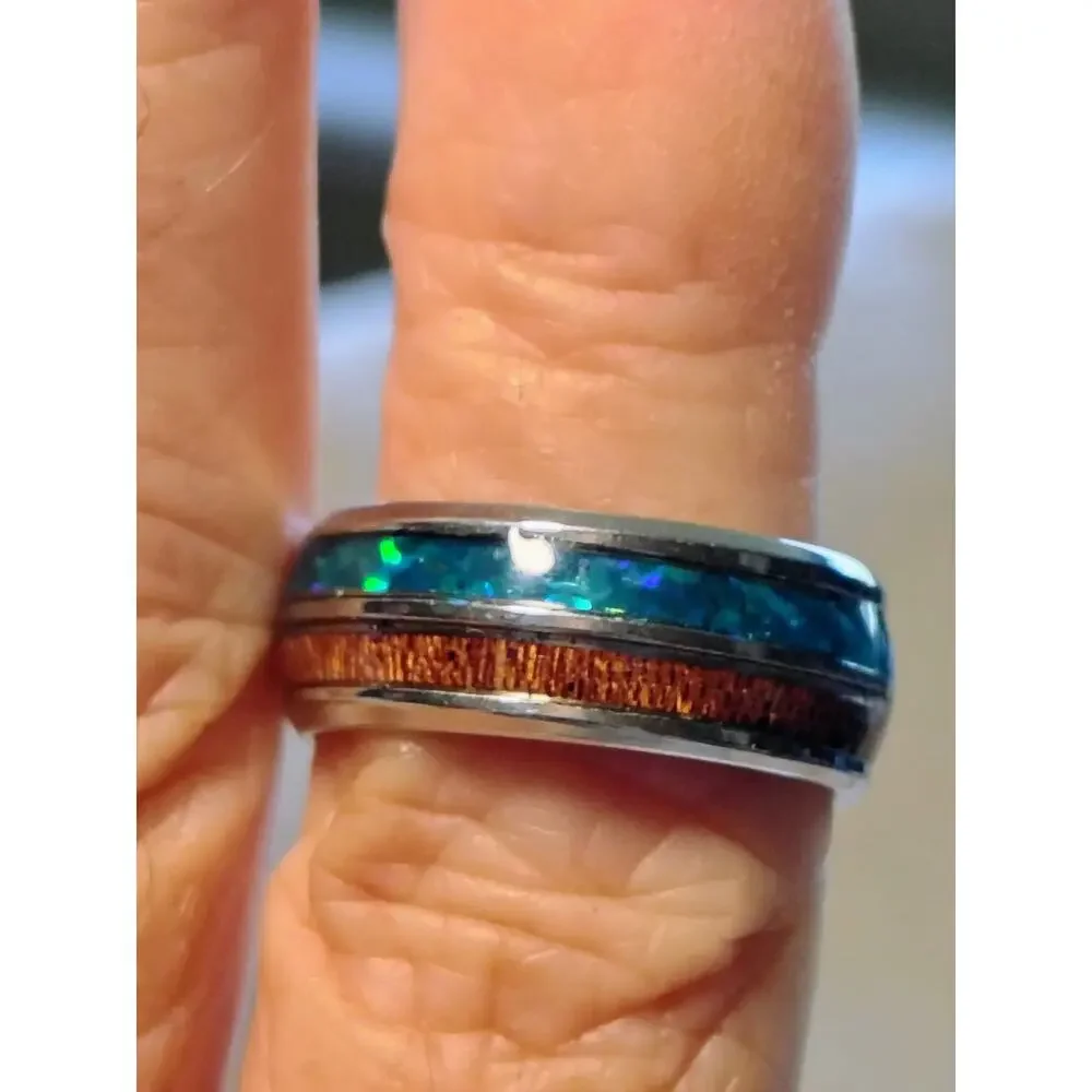 Blue Opal Koa Wood Inlay Comfort Band Ring Size 7